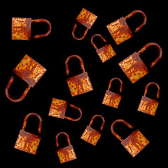 Group of rustic grunge key lock isolated on black background
