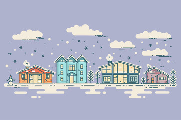 Winter Cityscape. Vector vintage Christmas card.
