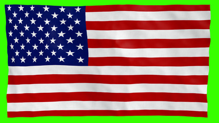 American flag textured with details blowing in the wind, ruffled over green screen.