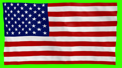 Fototapeta premium American flag textured with details blowing in the wind, ruffled over green screen.
