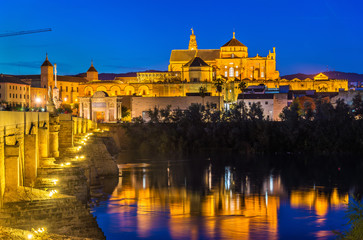 Fototapeta na wymiar Roman Bridge across the Guadalquivir river and Mosque-Cathedral in Cordoba, Spain