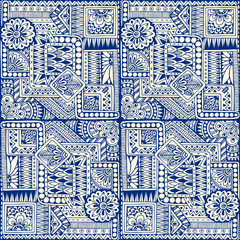 Seamless asian ethnic floral retro doodle blue monochrome background pattern in vector. Geometric ethnic pattern. Decorative ancient hand drawn ethnic seamless background.
Made by trace from sketch.