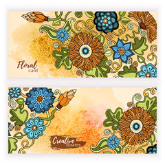 Set of vector template banners with watercolor paint abstract background and doodle hand drawn flowers. Series of image Template frame design for card.