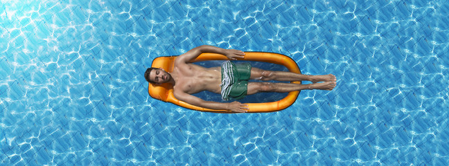 Man swimming on an air mattress in a pool