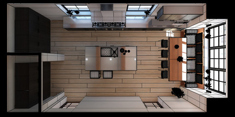 3D Interior rendering of a modern kitchen