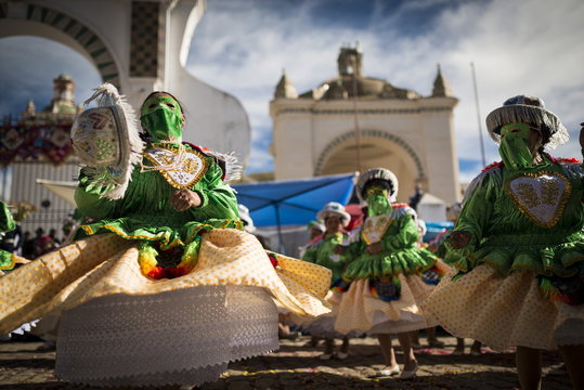 Dancers in traditional costume, Fiesta de la Virgen de la Candelaria, Copacabana, Lake Titicaca, Bolivia