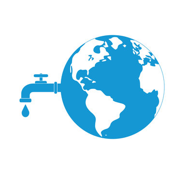 Earth with a tap leaking water in space. A metaphor on global water waste. Vector illustration