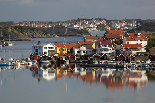 View over harbour and houses, Stocken, Orust, Bohuslan Coast, Southwest Sweden, Sweden
