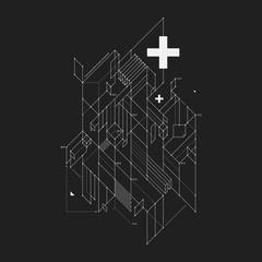 Abstract design element in draft style on black background. Useful for techno prints and posters.