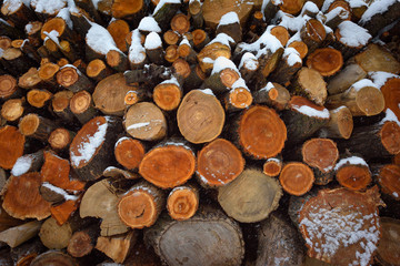Faces of logs in winter. Woodpile of firewood under snow. Abstract background texture.