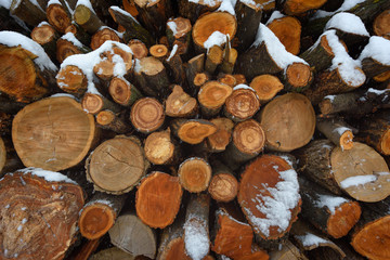 Faces of logs in winter. Woodpile of firewood under snow. Abstract background texture.