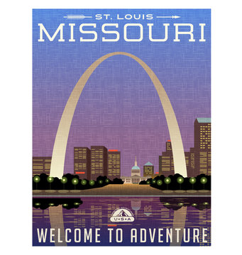 Missouri, United States travel poster or luggage sticker. Scenic illustration of the Gateway Arch and downtown St. Louis at night.