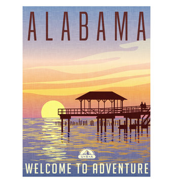 Alabama, United States travel poster or luggage sticker. Scenic illustration of a fishing pier on the Gulf coast at sunset. 