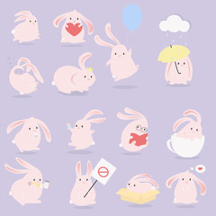 Set of cartoon characters. Bunny in everyday life and actions.