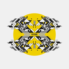 Abstract symmetric design element on yellow circle. Futuristic design, useful for prints and posters.