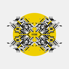 Abstract symmetric design element on yellow circle. Futuristic design, useful for prints and posters.