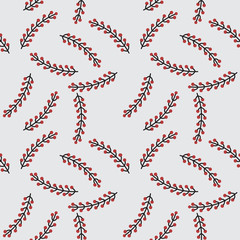 Seamless pattern with tree branches and red berries on white background. 
