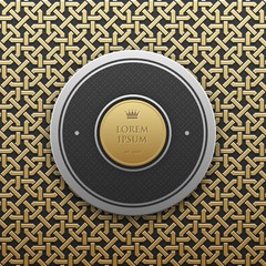 Round text banner template on golden metallic background with seamless geometric pattern. Elegant luxury style.