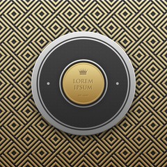 Round text banner template on golden metallic background with seamless geometric pattern. Elegant luxury style.