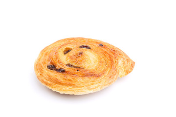 Sweet Danish pastries with custard and raisins isolated on white