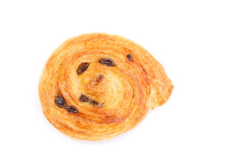 Sweet Danish pastries with custard and raisins isolated on white