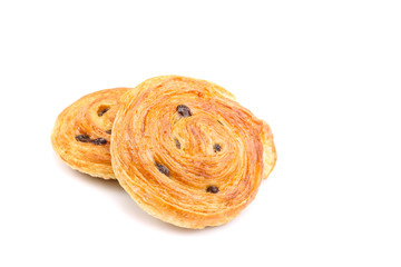 Sweet Danish pastries with custard and raisins isolated on white