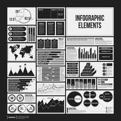 Big set of infographics elements in black and white colors. Monochrome design. Minimalistic style. - 130312161