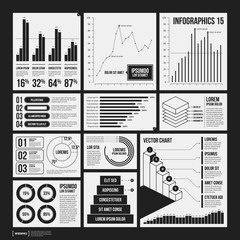 Big set of infographics elements in black and white colors. Monochrome design. Minimalistic style. - 130312168