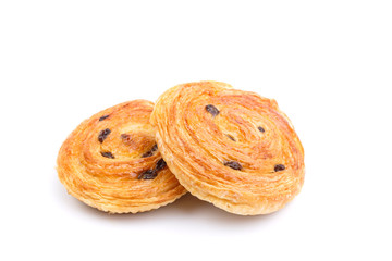 Sweet Danish pastries with custard and raisins isolated on white