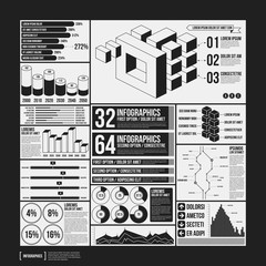 Big set of infographics elements in black and white colors. Monochrome design. Minimalistic style.
