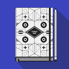 Book cover design template. Notebook mockup. Geometric futuristic elements.