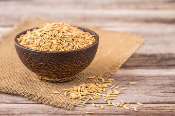 Yellow Thai paddy jasmine rice on wooden plank