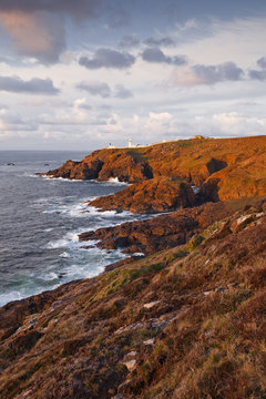 Looking towards Pendeen lighthouse and watch on the Cornish coastline, Cornwall