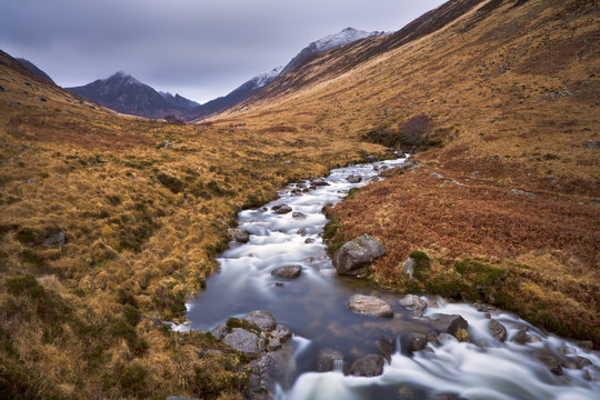 Glen Rosa Water, with Cir Mhor and Goat Fell peaks ahead, Isle of Arran, Scotland