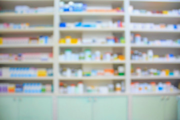 blur shelves of drugs in the pharmacy shop