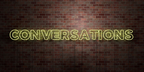 CONVERSATIONS - fluorescent Neon tube Sign on brickwork - Front view - 3D rendered royalty free stock picture. Can be used for online banner ads and direct mailers..