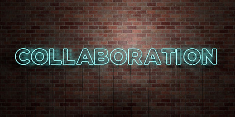 COLLABORATION - fluorescent Neon tube Sign on brickwork - Front view - 3D rendered royalty free stock picture. Can be used for online banner ads and direct mailers..