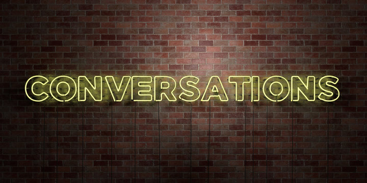 CONVERSATIONS - fluorescent Neon tube Sign on brickwork - Front view - 3D rendered royalty free stock picture. Can be used for online banner ads and direct mailers..