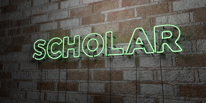 SCHOLAR - Glowing Neon Sign on stonework wall - 3D rendered royalty free stock illustration.  Can be used for online banner ads and direct mailers..