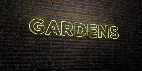 GARDENS -Realistic Neon Sign on Brick Wall background - 3D rendered royalty free stock image. Can be used for online banner ads and direct mailers..