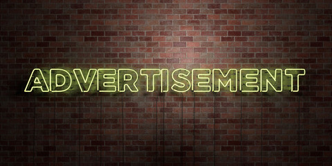 ADVERTISEMENT - fluorescent Neon tube Sign on brickwork - Front view - 3D rendered royalty free stock picture. Can be used for online banner ads and direct mailers..