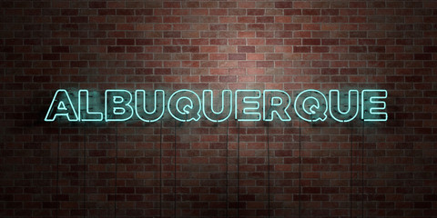 ALBUQUERQUE - fluorescent Neon tube Sign on brickwork - Front view - 3D rendered royalty free stock picture. Can be used for online banner ads and direct mailers..