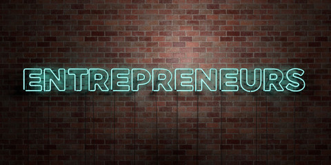 ENTREPRENEURS - fluorescent Neon tube Sign on brickwork - Front view - 3D rendered royalty free stock picture. Can be used for online banner ads and direct mailers..