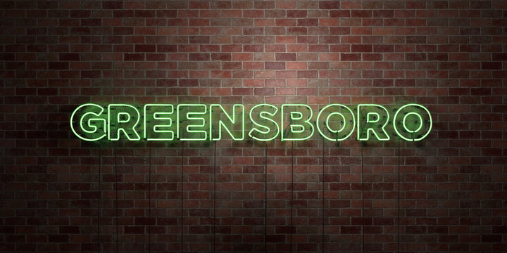 GREENSBORO - fluorescent Neon tube Sign on brickwork - Front view - 3D rendered royalty free stock picture. Can be used for online banner ads and direct mailers..