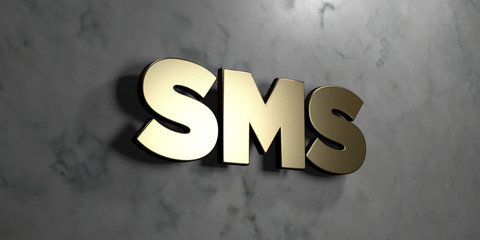 Sms - Gold sign mounted on glossy marble wall  - 3D rendered royalty free stock illustration. This image can be used for an online website banner ad or a print postcard.