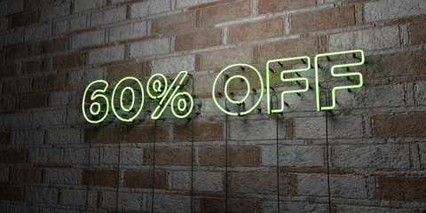 Fototapeta na wymiar 60% OFF - Glowing Neon Sign on stonework wall - 3D rendered royalty free stock illustration. Can be used for online banner ads and direct mailers..