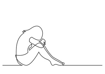 continuous line drawing of depressed woman sitting - obrazy, fototapety, plakaty