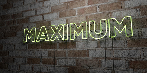 MAXIMUM - Glowing Neon Sign on stonework wall - 3D rendered royalty free stock illustration.  Can be used for online banner ads and direct mailers..