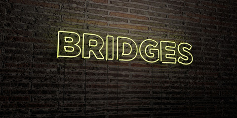 BRIDGES -Realistic Neon Sign on Brick Wall background - 3D rendered royalty free stock image. Can be used for online banner ads and direct mailers..