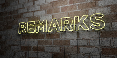 REMARKS - Glowing Neon Sign on stonework wall - 3D rendered royalty free stock illustration.  Can be used for online banner ads and direct mailers..